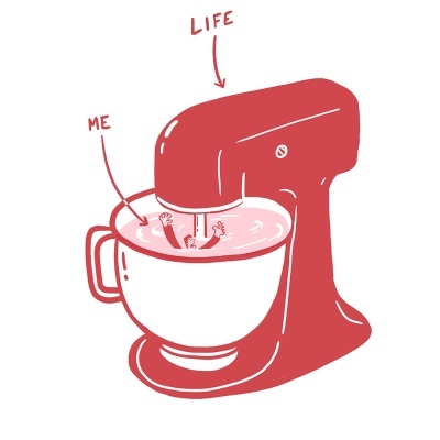 Ilustração batedeira vermelha com figura humana em taça branca