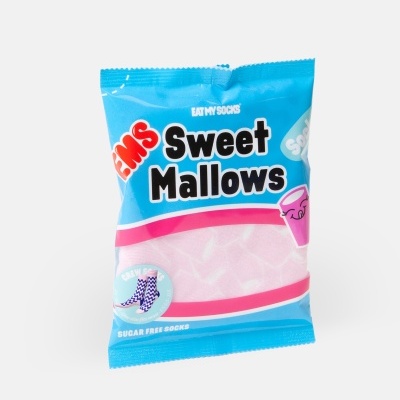 Embalagem azul e rosa do Sweet Mallows com meias xadrez roxo e branco