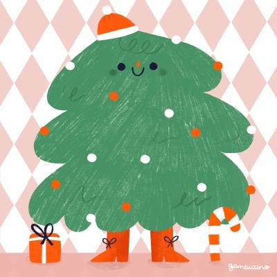 Ilustração de árvore de Natal decorada com acessórios festivos sobre fundo de losangos.