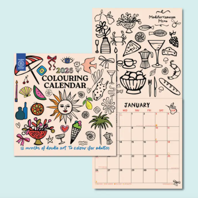 Calendário 2026 para colorir com doodles e menu mediterrâneo em página de janeiro
