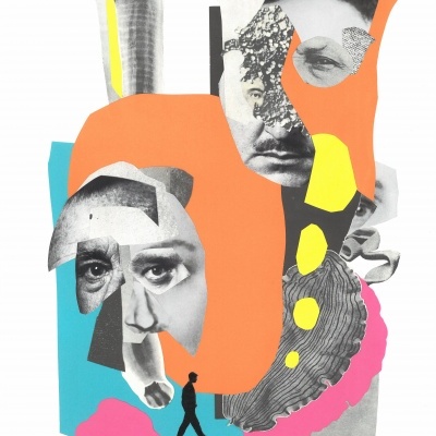 Colagem artística com rostos humanos e formas coloridas abstratas.