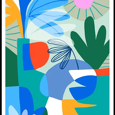 Ilustração abstrata colorida com formas e folhas