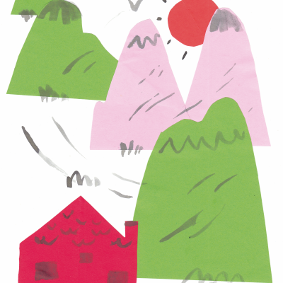Desenho de casa vermelha e montanhas coloridas em papel recortado