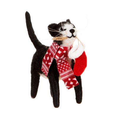 Figura de gato decorativo em feltro com camisola e cachecol de inverno, segurando meia de Natal