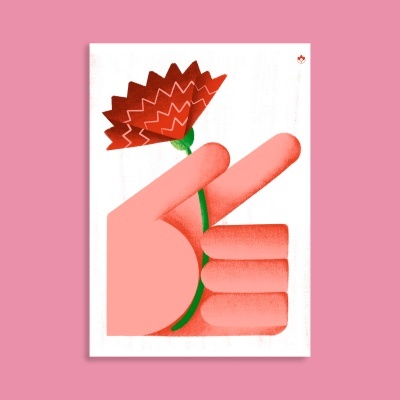 Ilustração de mão segurando flor vermelha com padrão zig-zag