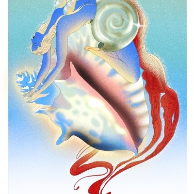 Ilustração de figura humanoide azul com cabelo vermelho e conchas marinhas coloridas
