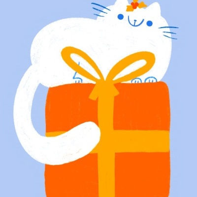 Ilustração de um gato branco numa caixa de presente laranja com fita amarela