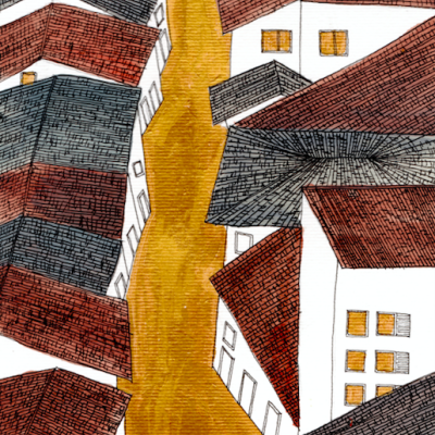 Desenho artístico de casas com telhados vermelhos e cinzentos ao longo de um caminho amarelo.