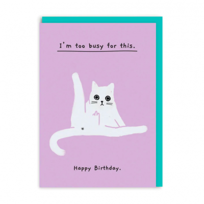 Cartão de aniversário com ilustração de gato branco e texto em inglês sobre fundo lilás