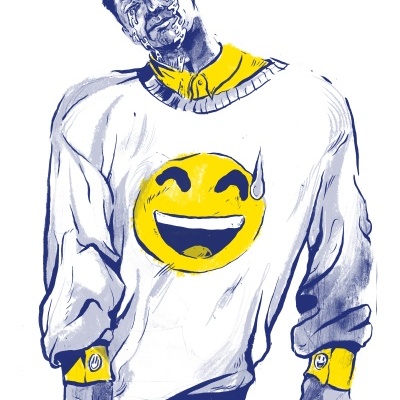 Ilustração de pessoa triste com casaco branco e emoji amarelo sorridente