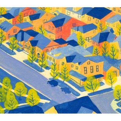 Ilustração colorida de bairro com casas e árvores ao longo da rua