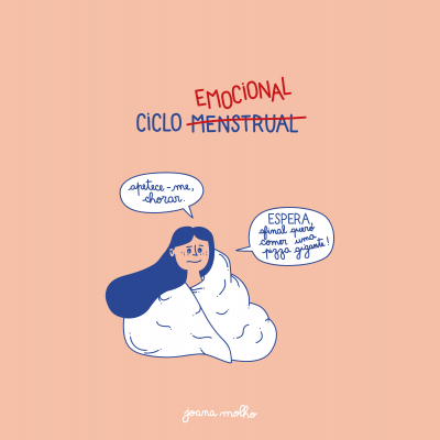 Ilustração de personagem feminina enrolada numa manta branca com texto sobre ciclo emocional