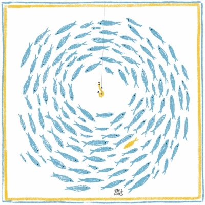 Ilustração de cardume de peixes azuis e um peixe amarelo com anzol