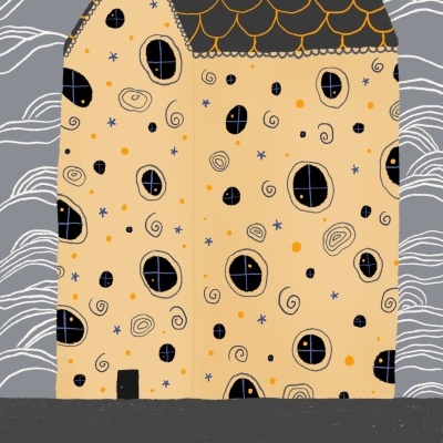 Ilustração de uma casa amarela com padrões e janelas em fundo de nuvens