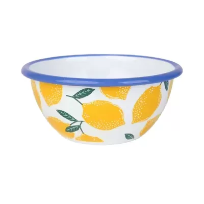 Tigela de cerâmica com estampado de limões e borda azul.