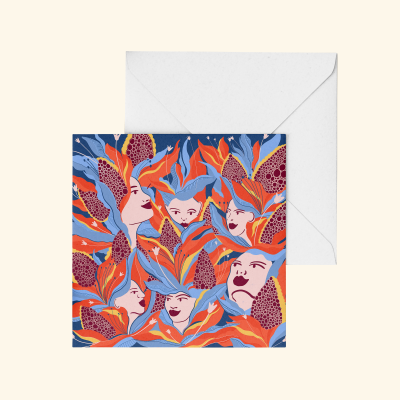 Cartão com faces femininas coloridas entre folhas e flores