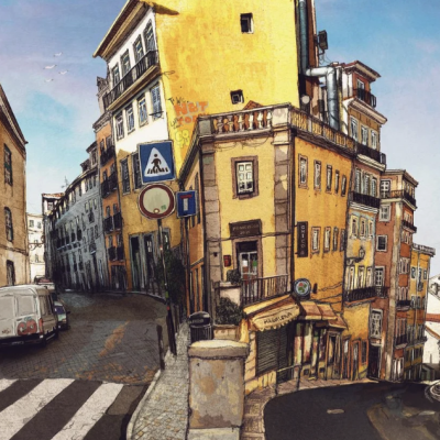 Ilustração de rua com edifícios amarelos e sinais de trânsito.