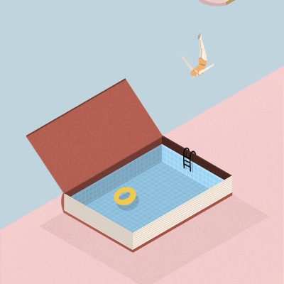 Ilustração de livro aberto com piscina e pessoa a mergulhar