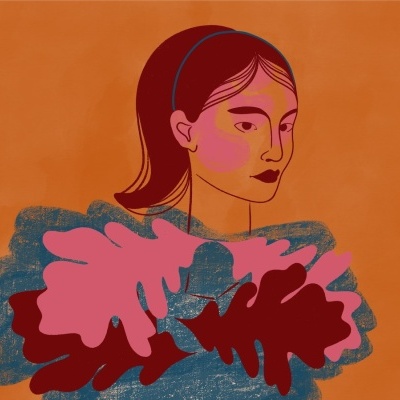 Ilustração artística de mulher com folhas coloridas ao redor do pescoço em fundo laranja