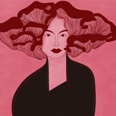 Ilustração de mulher com cabelo volumoso rosa e vermelho escuro e roupa preta num fundo rosa.