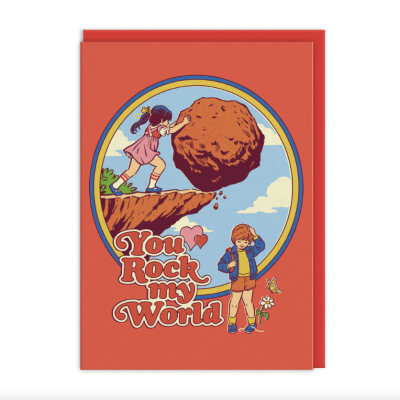 Cartão vermelho com ilustração de menina e menino e texto You Rock my World