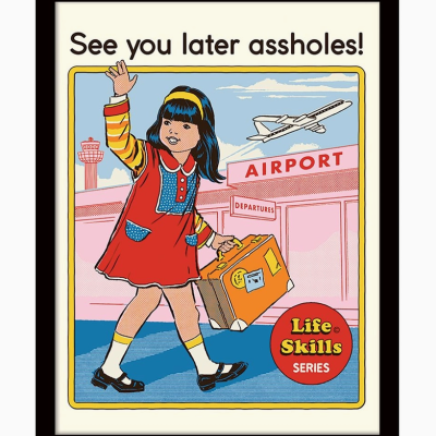 Cartaz pop art com menina no aeroporto e texto provocador