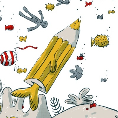 Desenho de lápis amarelo em forma de peixe num ambiente aquático com vários peixes coloridos