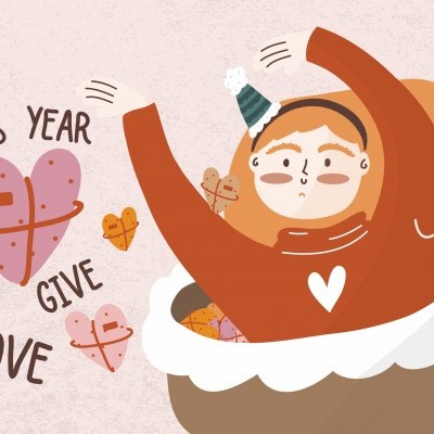 Ilustração de pessoa com gorro dentro de copo com corações e texto motivacional