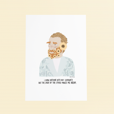 Ilustração de homem com barba de flores e texto inspirador em fundo branco