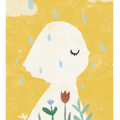 Ilustração artística de uma silhueta branca com gotas de água em fundo amarelo com plantas.