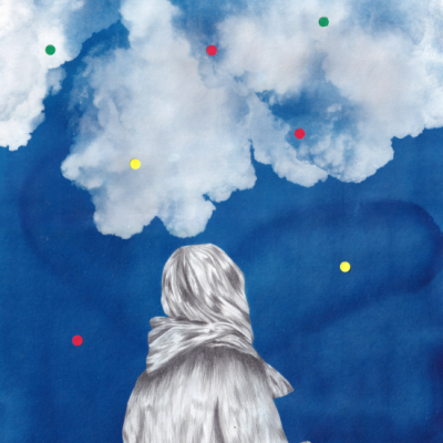 Figura humana de costas com casaco cinzento e nuvens num fundo azul com pontos coloridos.