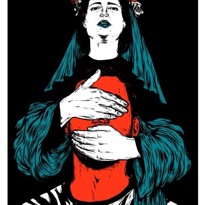 Ilustração artística de duas figuras, mulher com coroa de flores e homem com rosto vermelho coberto por mãos dela