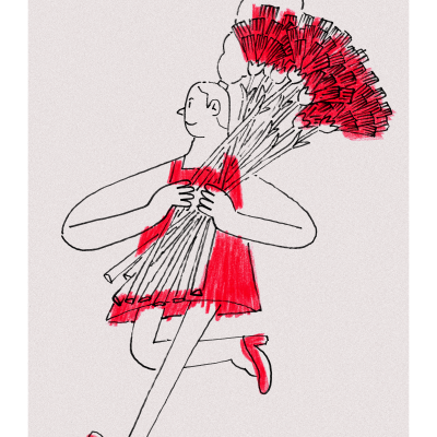 Desenho de duas pessoas segurando flores vermelhas, com detalhes vermelhos no vestido e sapatos.