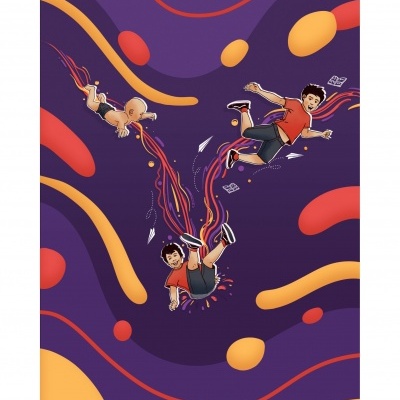 Desenho digital de três crianças voando ou a cair com fundo roxo abstrato e linhas coloridas