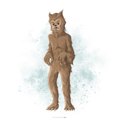 Desenho de criatura peluda castanha de pé com expressão facial feroz