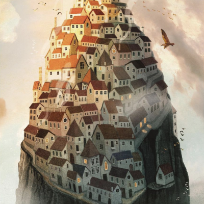 Ilustração de aldeia montanhosa com casas coloridas no topo de penhasco e pássaros no céu