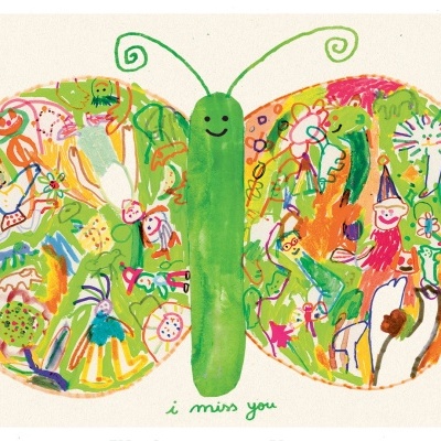 Desenho de borboleta colorida com asas decoradas e texto i miss you