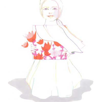 Ilustração de rapariga com vestido branco e bolsa floral rosa