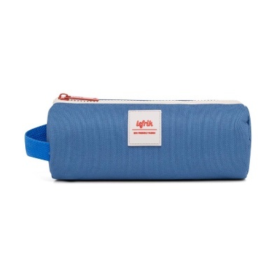Estojo cilíndrico azul com fecho de correr branco e vermelho e etiqueta Lefrik