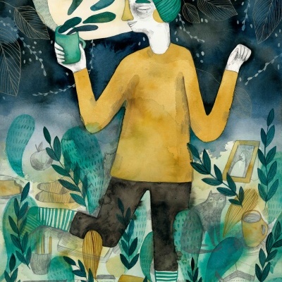 Ilustração de mulher com cabelo verde e roupa amarela segurando chávena em cenário noturno com plantas.