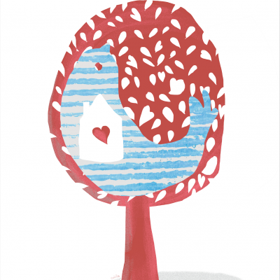 Ilustração artística de árvore vermelha com pássaro azul listrado e casa com coração