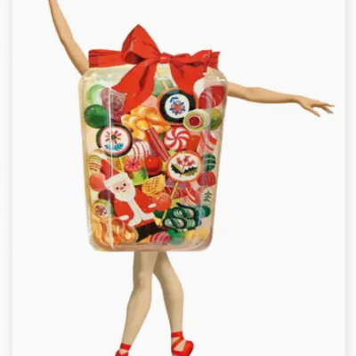 Fantasia de saco de doces de Natal com laço vermelho e sapatilhas de balé vermelhas