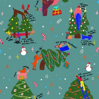Ilustração de árvores de Natal decoradas com pessoas, animais, bonecos de neve e bastões de doces em fundo azul esverdeado