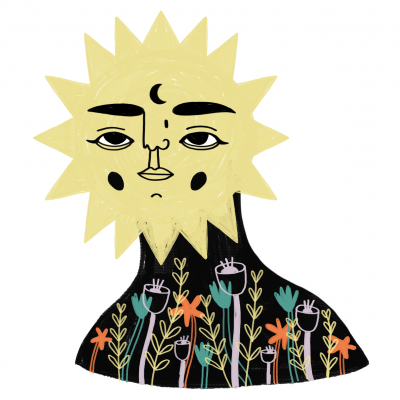 Desenho de sol amarelo com rosto humano e base preta com flores coloridas