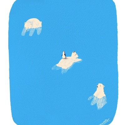 Ilustração digital de ursos polares e pinguim em fundo azul