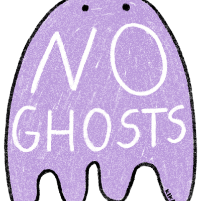 Figura de fantasma lilás com texto 'NO GHOSTS' em branco