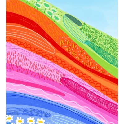 Ilustração colorida de campos agrícolas em colinas com várias cores e padrões sob céu azul claro