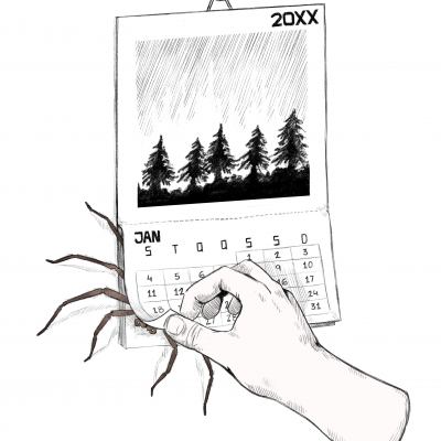 Calendário branco com mês de janeiro e ano 20XX, mão humana e dedos em forma de raízes saindo da parede.