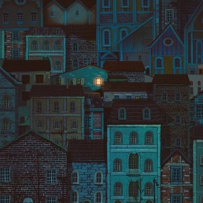 Ilustração de várias casas empilhadas à noite com uma janela iluminada