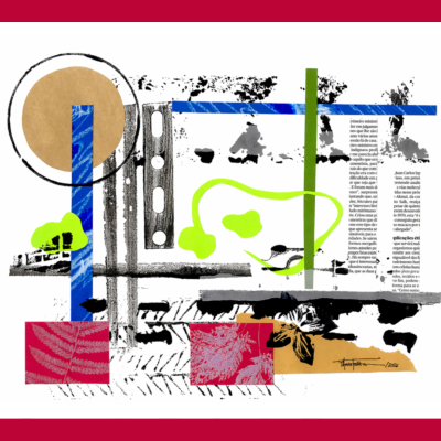 Imagem abstrata com formas geométricas, cores variadas e texto em português